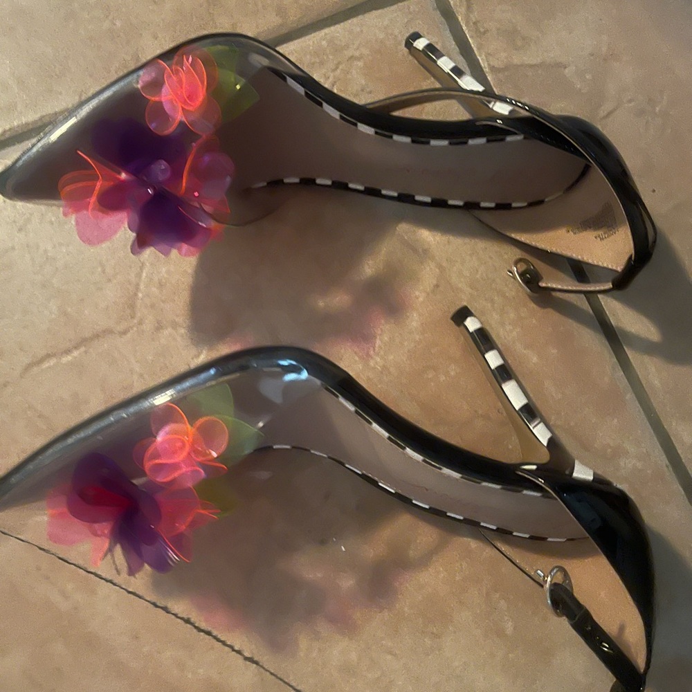 Betsey Johnson Black Patent Slingback Heels with Pink & Purple Floral Accents